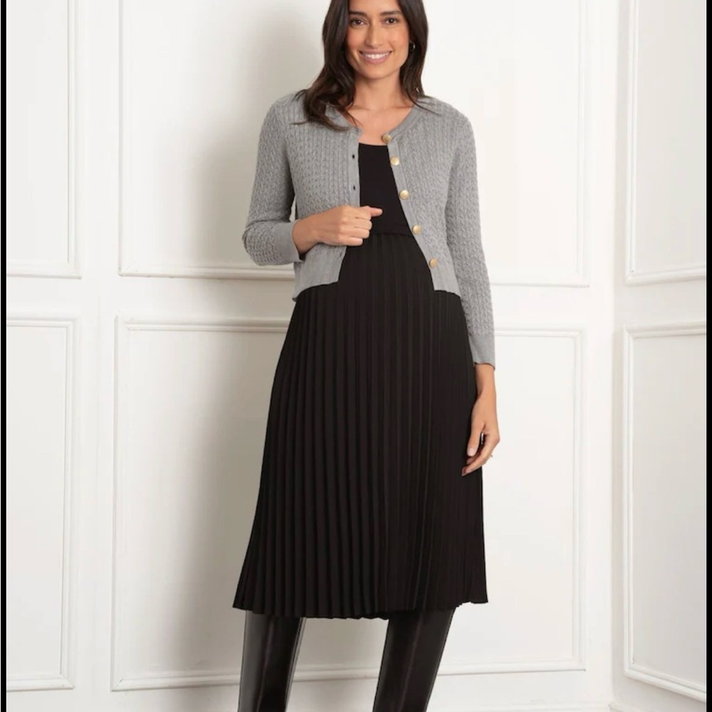Seraphine Black Midi Dress with Gray Cardigan